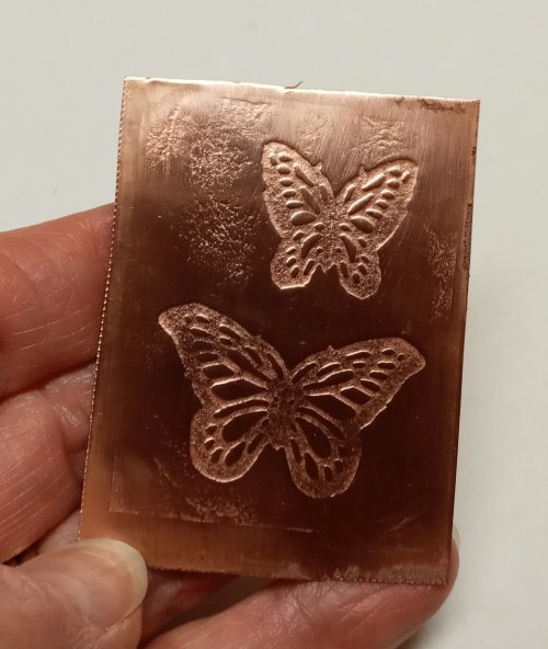 Judy Larson's No Rolling Mill- No Problem - , Metalwork, Stamping, Stamps, Design,  before removing the texture sheet from the front of the metal